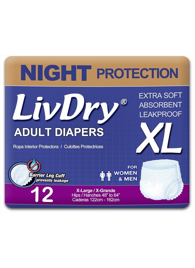 LIVDRY XL Overnight Adult Diapers for Women and Men, Incontinence Underwear, X-Large, 12-Pack  - Image 1