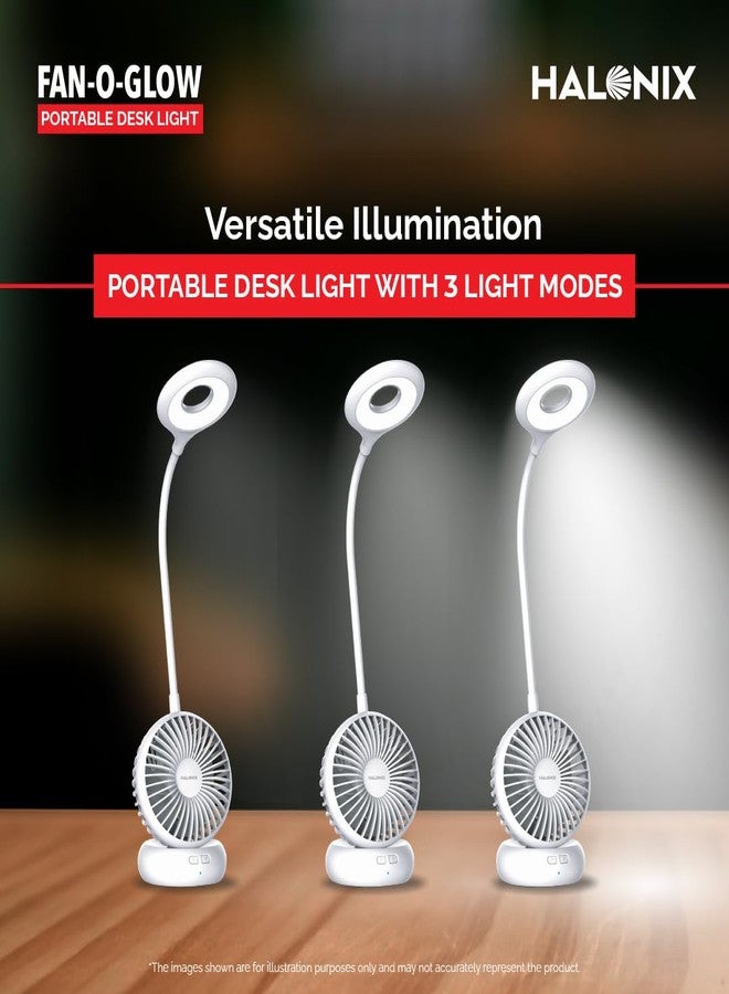 Halonix Polycarbonate Fan-O-Glow Portable Led Desk Light | Study Lamp with Fan | 3 Light Modes | 3 Speed Fan Modes | Rechargeable Study Lamp | Emergency Light |, White - Image 3