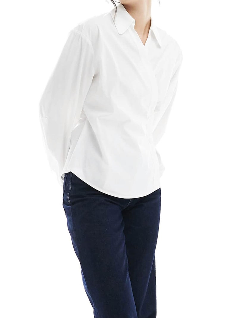 SUNNOW Women's Wrap Front Button Down Shirt, Long Sleeve Blouse with Cocoon Sleeves, Modern Office & Casual Tops (US, Alpha, Large, Regular, Regular, White) - Image 4