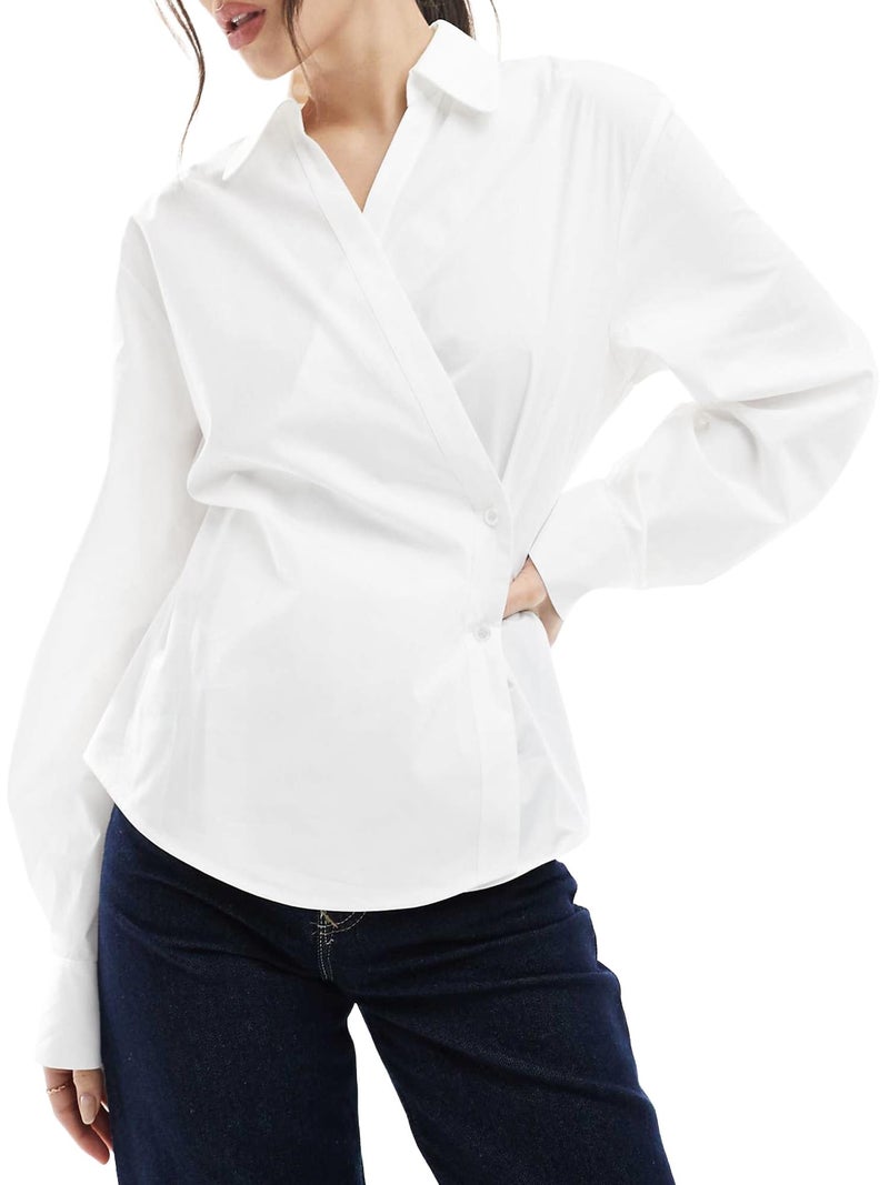 SUNNOW Women's Wrap Front Button Down Shirt, Long Sleeve Blouse with Cocoon Sleeves, Modern Office & Casual Tops (US, Alpha, Large, Regular, Regular, White) - Image 1