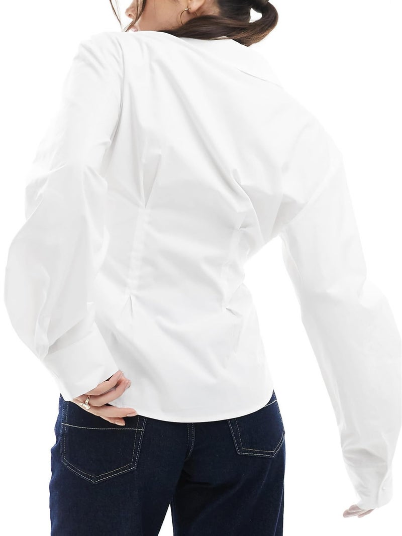SUNNOW Women's Wrap Front Button Down Shirt, Long Sleeve Blouse with Cocoon Sleeves, Modern Office & Casual Tops (US, Alpha, Large, Regular, Regular, White) - Image 3