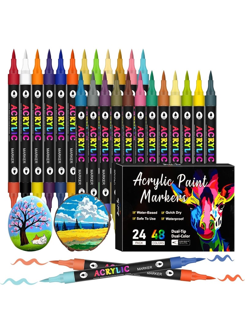 ARUWA 48 Colors Acrylic Paint Markers, 24 Pack Dual tips Acrylic Paint Pens for Rock Painting, Canvas, Wood, Glass, Ceramic, Fabric, Plastic, Egg & Scrapbook. Soft Brush Tips Paint Pens and Paint Markers - Image 1