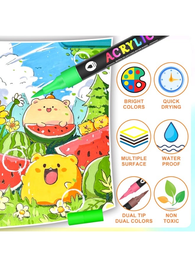 ARUWA 48 Colors Acrylic Paint Markers, 24 Pack Dual tips Acrylic Paint Pens for Rock Painting, Canvas, Wood, Glass, Ceramic, Fabric, Plastic, Egg & Scrapbook. Soft Brush Tips Paint Pens and Paint Markers - Image 5