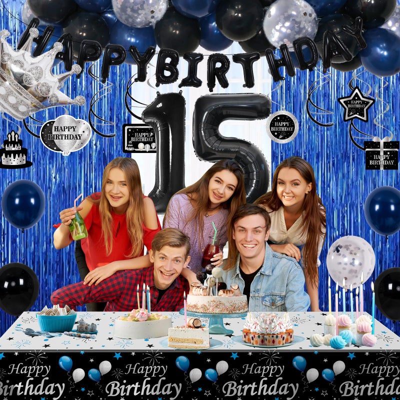 Purtarly 15th Birthday Decorations for Boys Girls, Blue Black Happy 15th Birthday Decorations Boy, 15 Year Old Birthday Balloons Banner, Tablecloth, Fringe Curtains Hanging Swirls Boy 15 Bday Party Decor - Image 2
