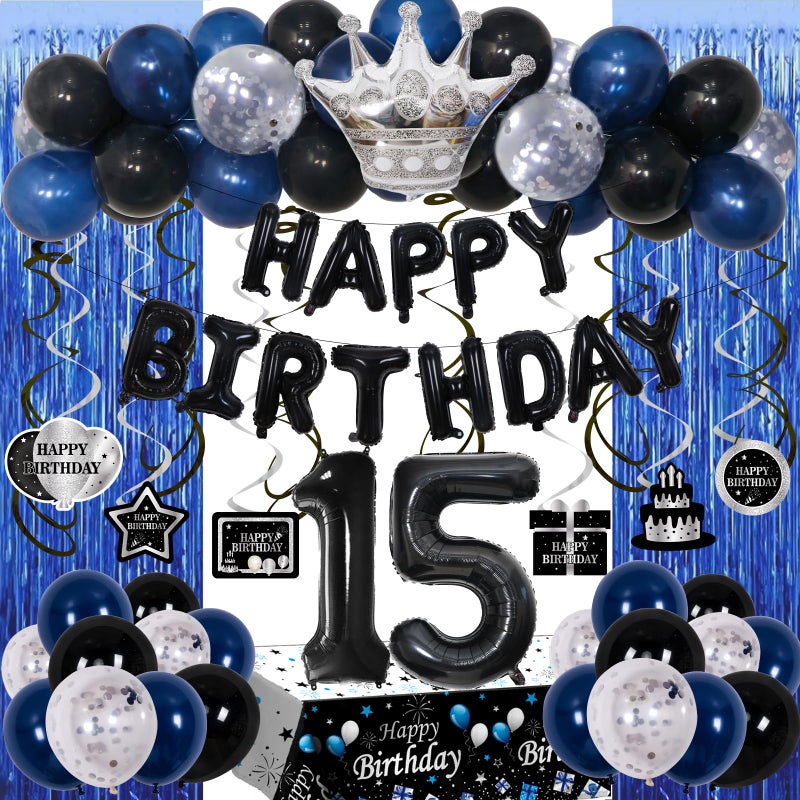 Purtarly 15th Birthday Decorations for Boys Girls, Blue Black Happy 15th Birthday Decorations Boy, 15 Year Old Birthday Balloons Banner, Tablecloth, Fringe Curtains Hanging Swirls Boy 15 Bday Party Decor - Image 1