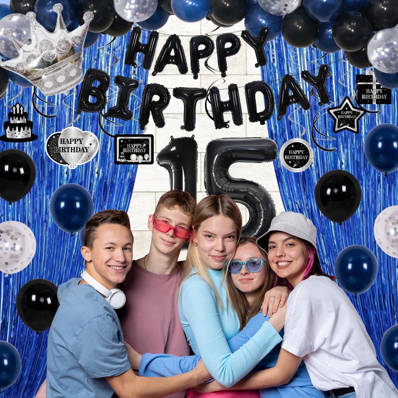 Purtarly 15th Birthday Decorations for Boys Girls, Blue Black Happy 15th Birthday Decorations Boy, 15 Year Old Birthday Balloons Banner, Tablecloth, Fringe Curtains Hanging Swirls Boy 15 Bday Party Decor - Image 4