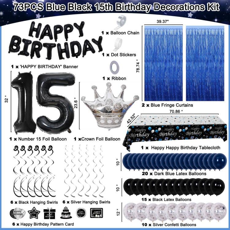 Purtarly 15th Birthday Decorations for Boys Girls, Blue Black Happy 15th Birthday Decorations Boy, 15 Year Old Birthday Balloons Banner, Tablecloth, Fringe Curtains Hanging Swirls Boy 15 Bday Party Decor - Image 3