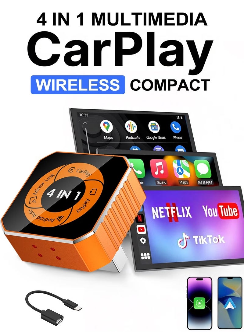 KORAX 4-in-1 Wireless CarPlay & Android Auto Adapter with Video Streaming, New Upgraded Dongle for YouTube, Netflix, TikTok via AirPlay & MirrorLink, Bluetooth 5.3, Plug & Play, Mini Adapter with USB/USB-C Port - Fits 98% of Vehicles - Image 1