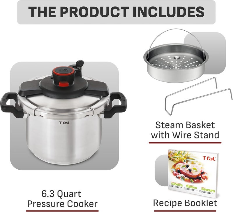 T-fal Clipso Stainless Steel Pressure Cooker 6.3 Quart Induction Cookware, Pots and Pans, Dishwasher Safe Silver - Image 2