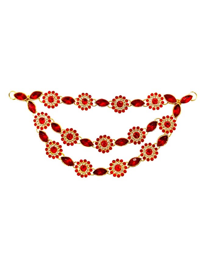 Mkail Rhinestone Kundan Work Wedding Tiara Headband Bridal Headpiece Hair Chain for Party Hair Accessories for Girls Women (RED) - Image 1