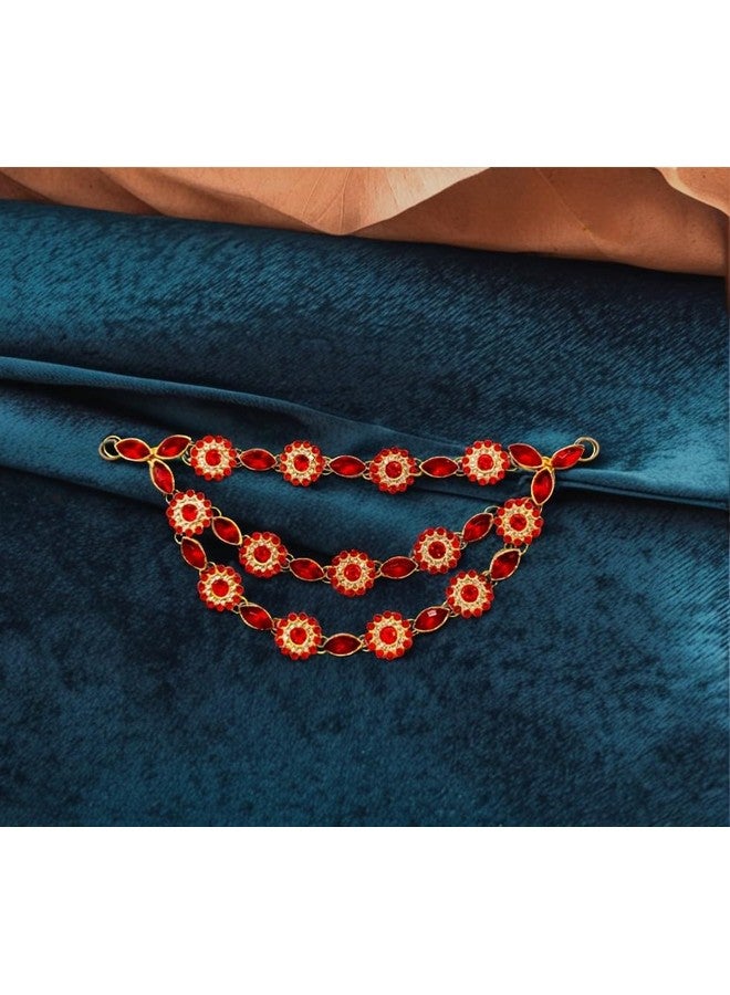 Mkail Rhinestone Kundan Work Wedding Tiara Headband Bridal Headpiece Hair Chain for Party Hair Accessories for Girls Women (RED) - Image 3