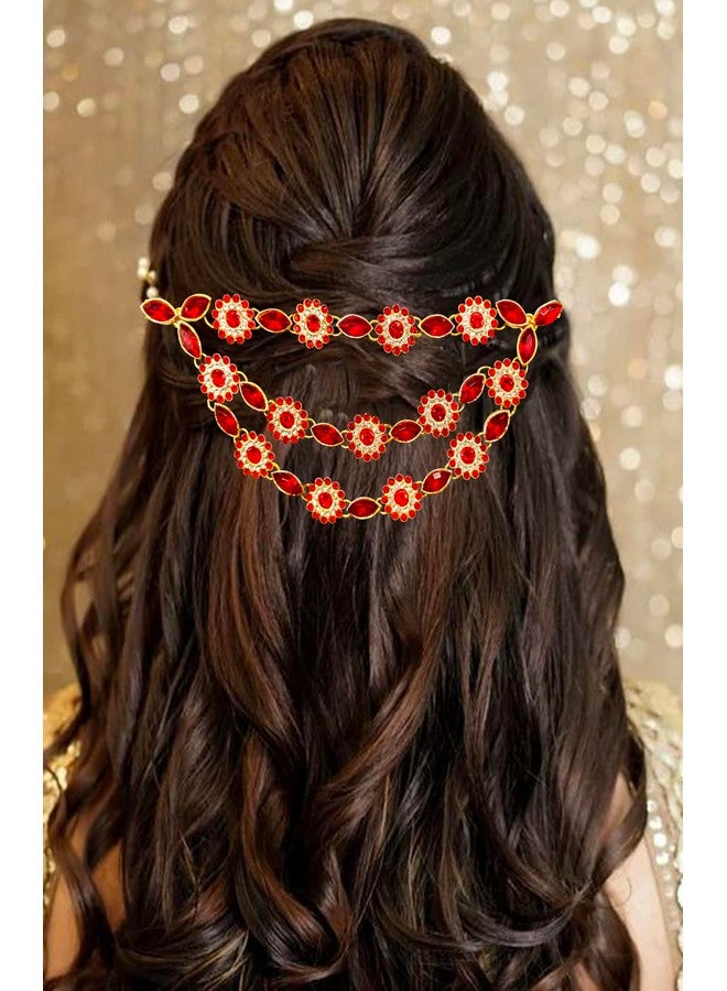 Mkail Rhinestone Kundan Work Wedding Tiara Headband Bridal Headpiece Hair Chain for Party Hair Accessories for Girls Women (RED) - Image 2