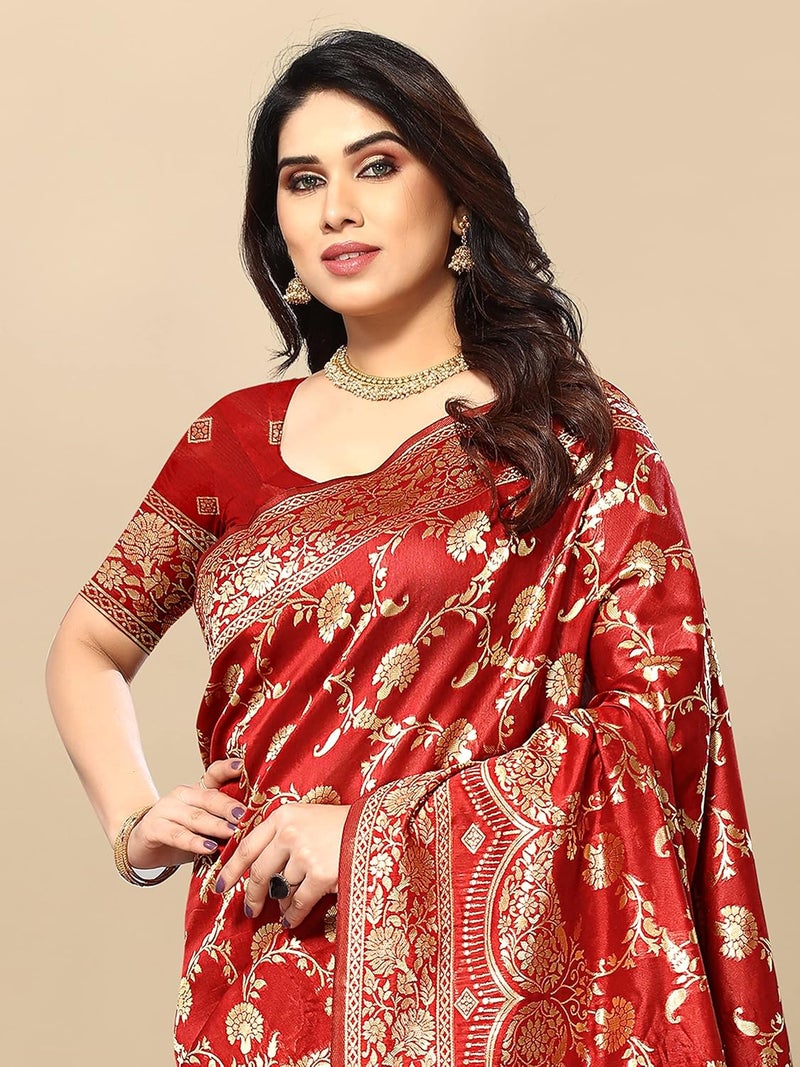 Sidhidata ساري سيدهيداتا النسائي من حرير كانجي فارام بناراسي جاكار - أحمر - Image 2