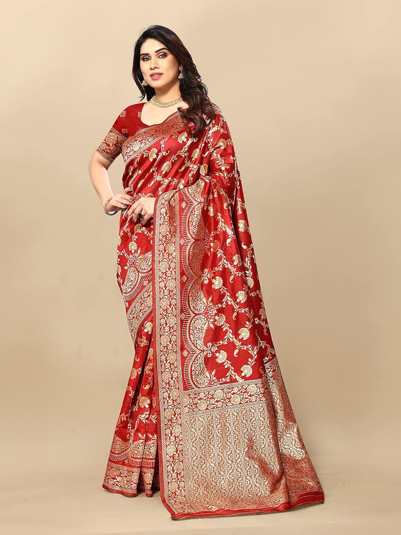 Sidhidata ساري سيدهيداتا النسائي من حرير كانجي فارام بناراسي جاكار - أحمر - Image 3