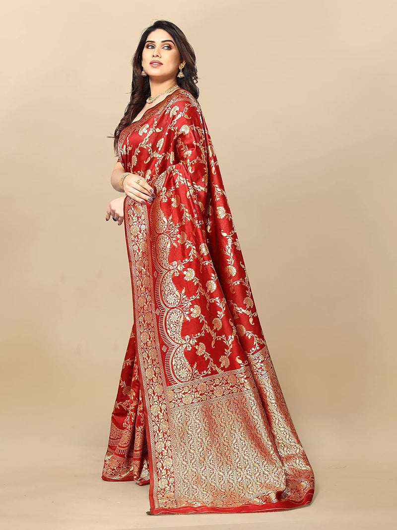 Sidhidata ساري سيدهيداتا النسائي من حرير كانجي فارام بناراسي جاكار - أحمر - Image 4