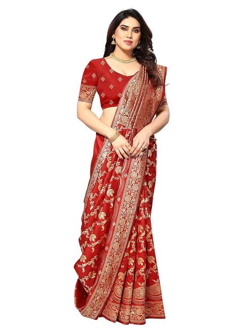Sidhidata Women's Kanjivaram Banarasi Jacquard Silk Saree with Blouse Piece - Red