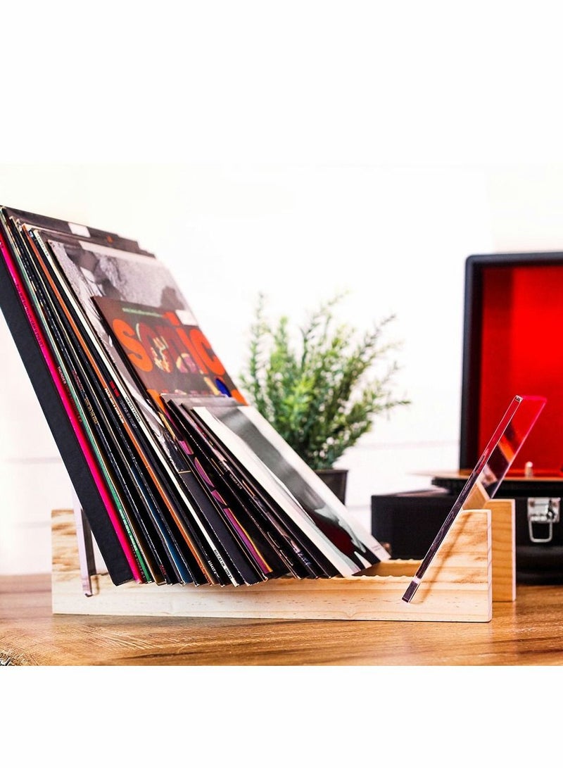 Excefore حامل تخزين السجلات، 7 أو 12 بوصة LPs منظم خشبي صلب مع نهايات أكريليك شفافة، يتسع لحد 50 ألبوم، يعرض الفرديات في حامل سجلات محمول عصري أنيق - Image 4