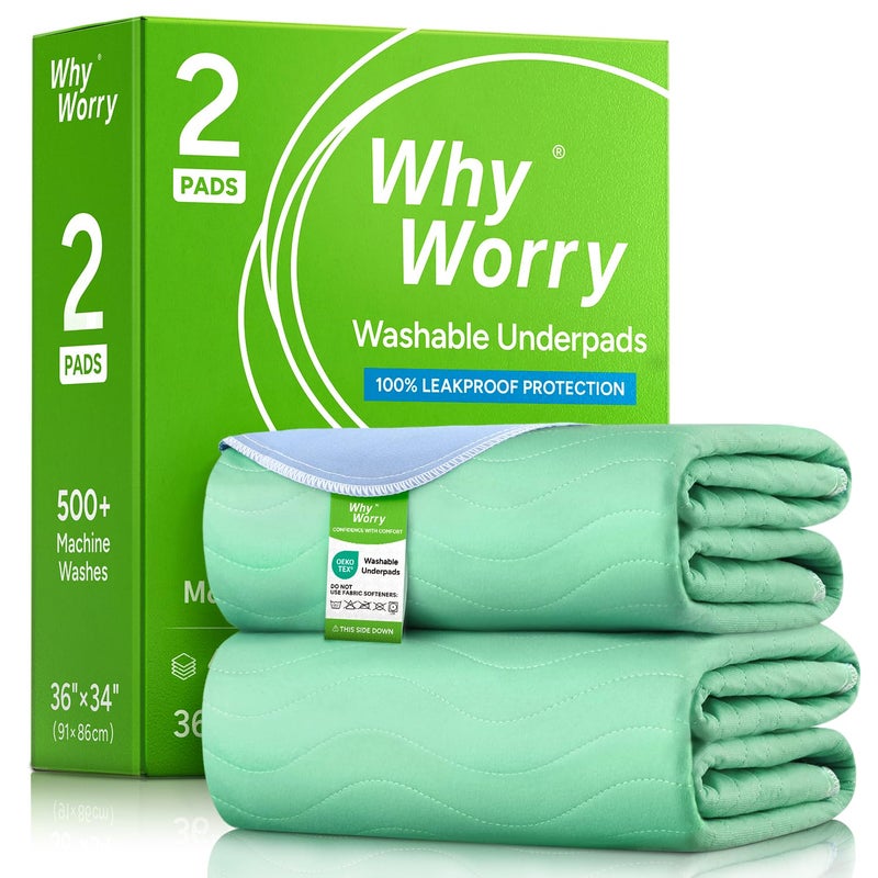 WhyWorry Washable Bed Pads for Adult Incontinence, 34" x 36" (Pack of 2) Washable Pee Pads for Bed Wetting, Heavy Absorbency Reusable Underpads for Elderly & Kids, Waterproof Mattress Protector, Green - Image 1