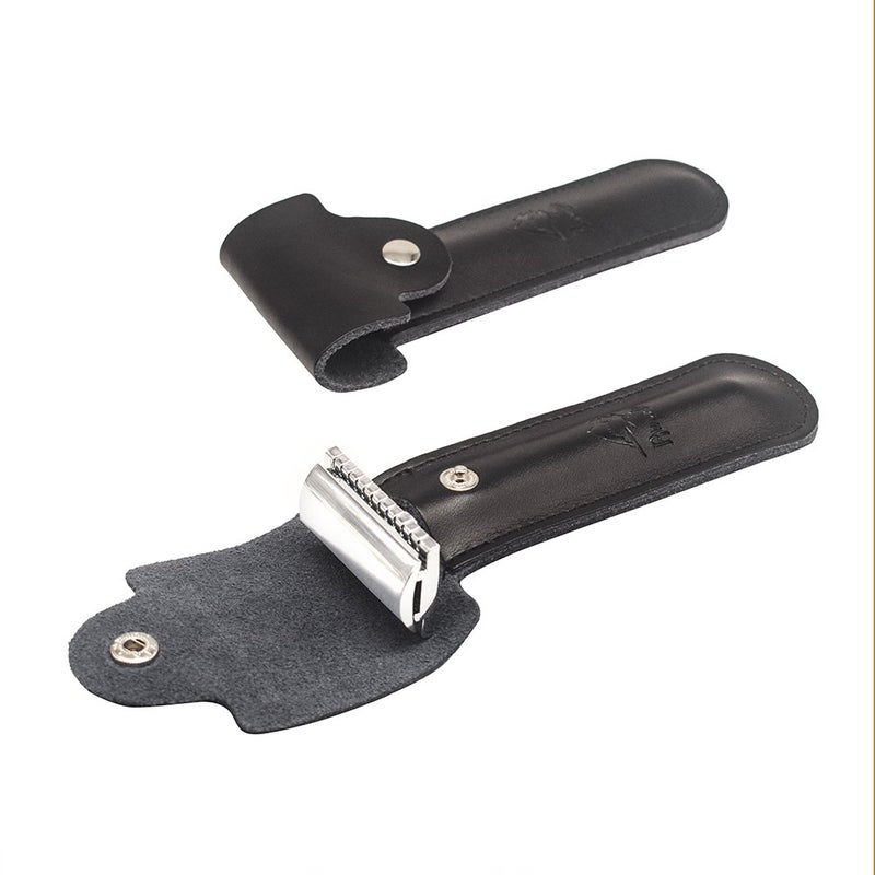 River Lake RIVERLAKE Genuine Leather Protective Travel Case for Safety Razor - Double Edge Safety Case Cover Shaving Pouch Holder - Black - Image 4