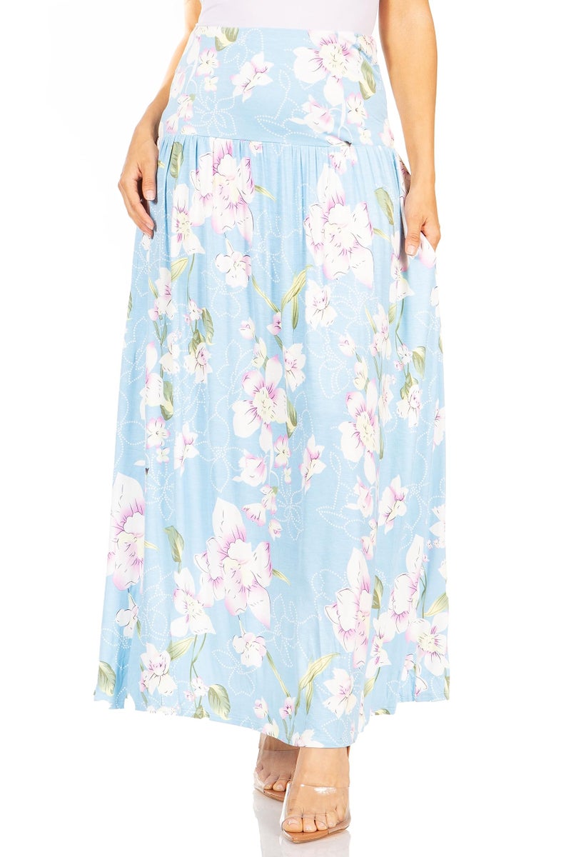 Simlu Flower Light Blue Skirts for Women Ankle Length Skirt Casual Long Skirt High Waisted Maxi Skirt Reg and Plus Size Skirt Long Skirt (Size Large, Flower Light Blue) - Image 1