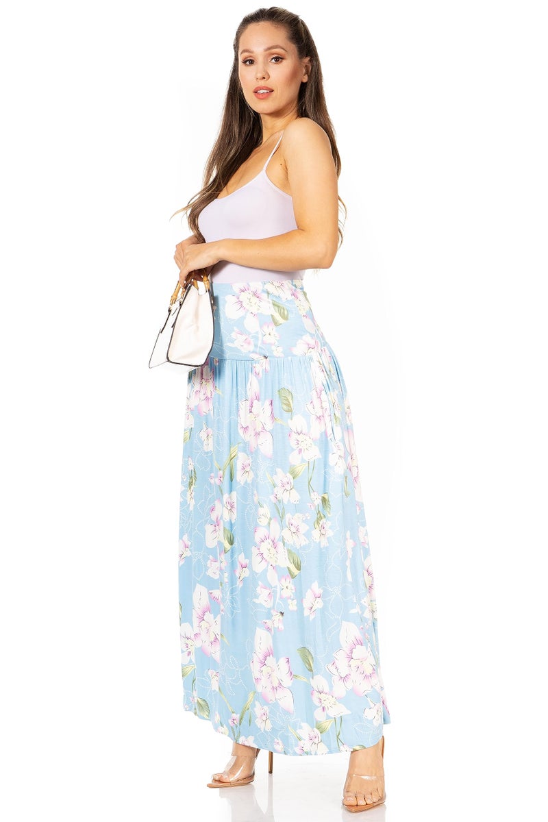 Simlu Flower Light Blue Skirts for Women Ankle Length Skirt Casual Long Skirt High Waisted Maxi Skirt Reg and Plus Size Skirt Long Skirt (Size Large, Flower Light Blue) - Image 2