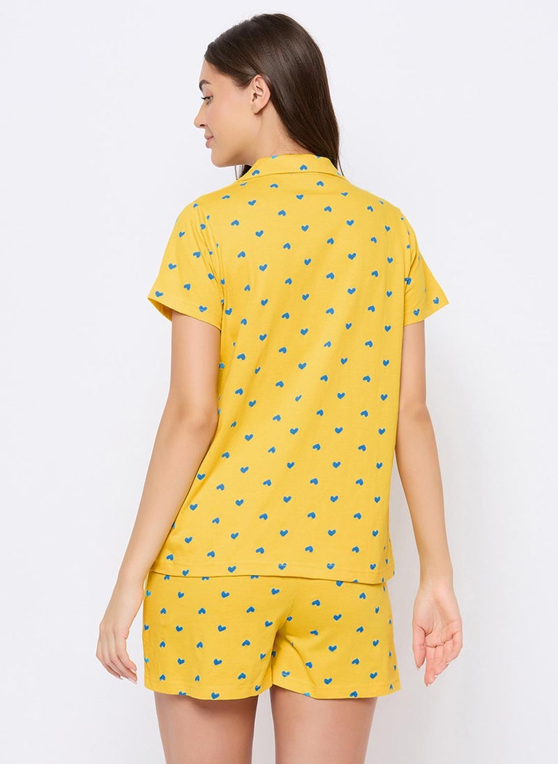 Clovia Heart Print Button Down Shirt & Shorts Set in Light Yellow - 100% Cotton - Image 3