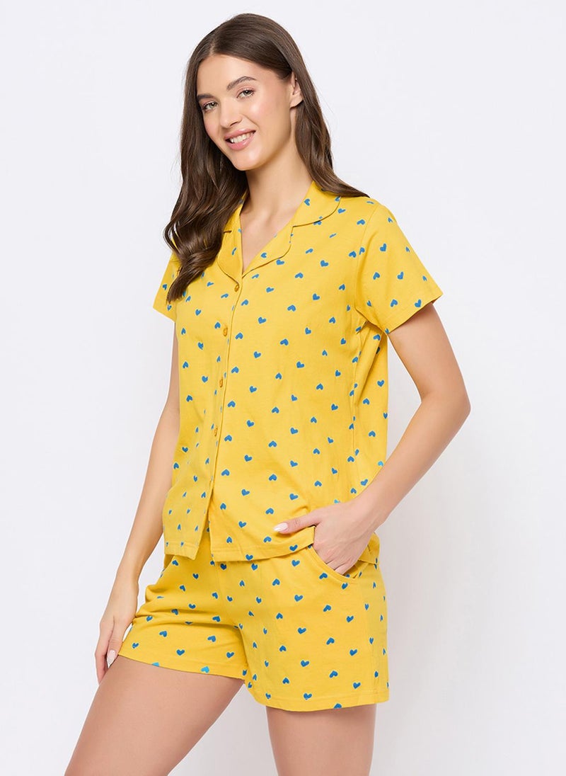 Clovia Heart Print Button Down Shirt & Shorts Set in Light Yellow - 100% Cotton - Image 1
