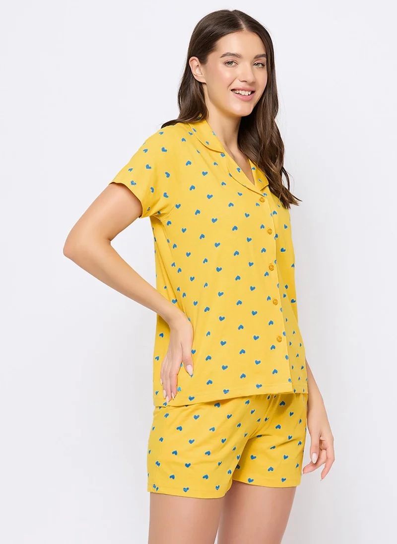 كلوفيا Clovia Heart Print Button Down Shirt & Shorts Set in Light Yellow - 100% Cotton