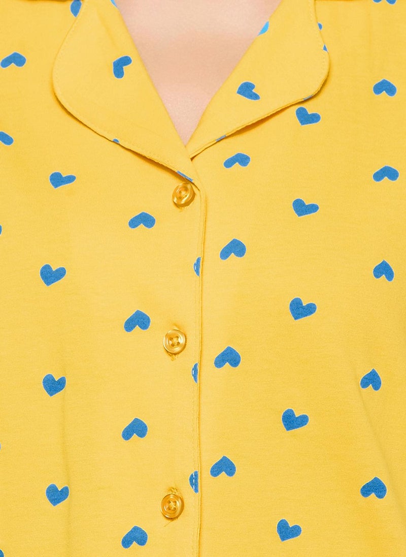 Clovia Heart Print Button Down Shirt & Shorts Set in Light Yellow - 100% Cotton - Image 4