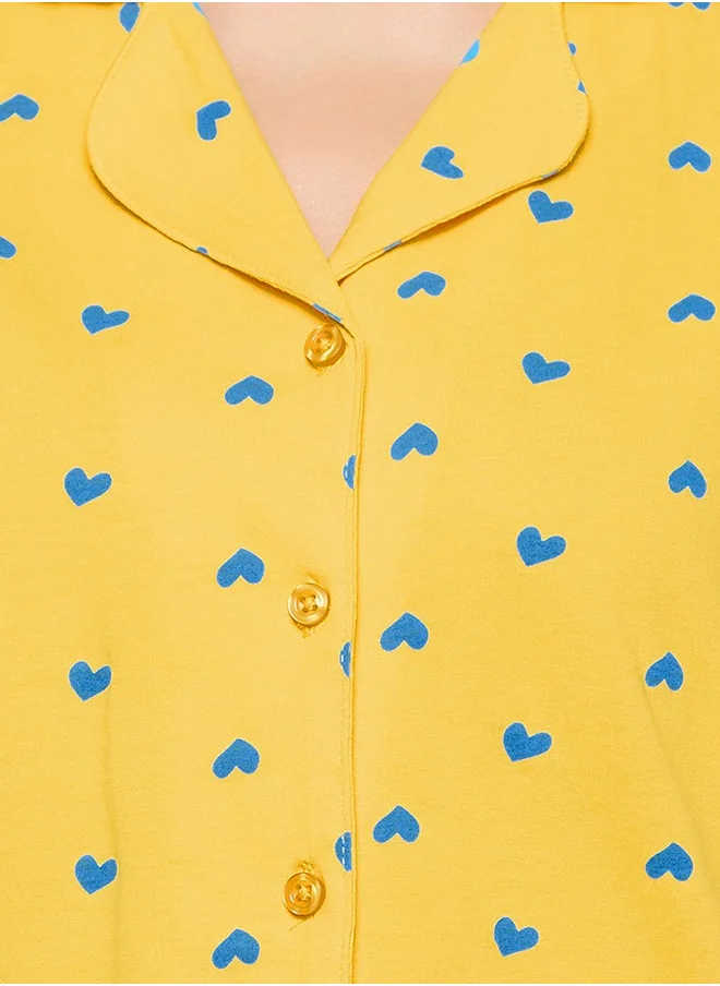 Clovia Clovia Heart Print Button Down Shirt & Shorts Set in Light Yellow - 100% Cotton