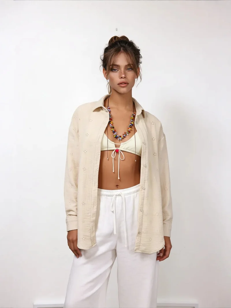هابينس اسطنبول ISTANBUL Textured Embroidered Long Sleeve Shirt with Button Closure