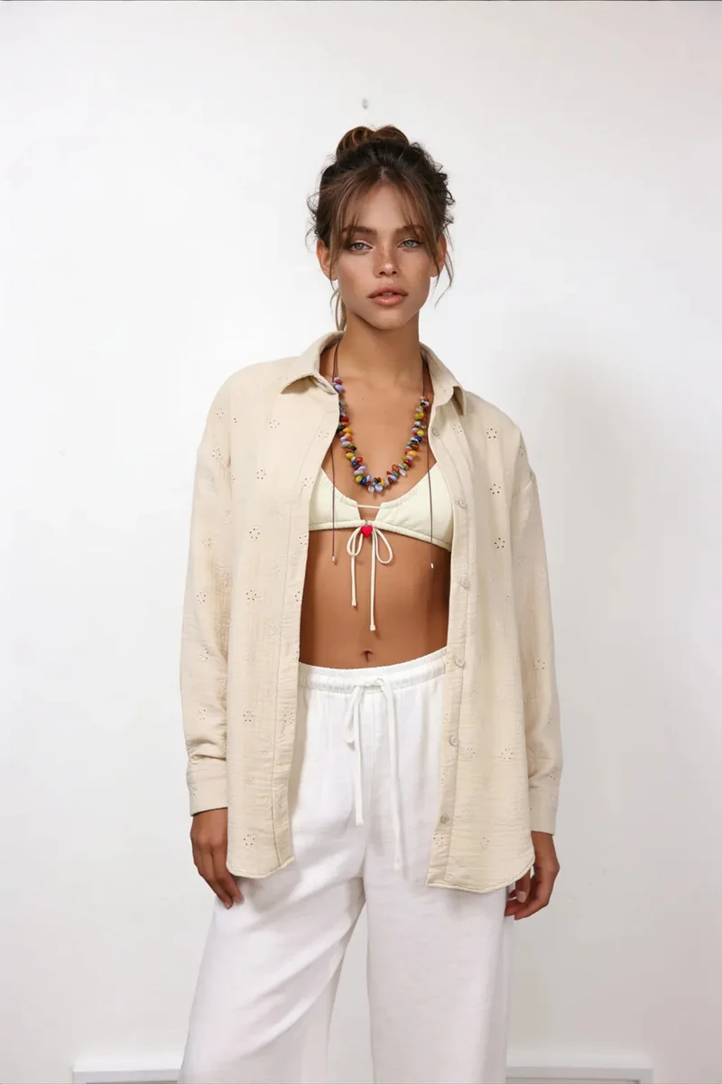 هابينس اسطنبول ISTANBUL Textured Embroidered Long Sleeve Shirt with Button Closure