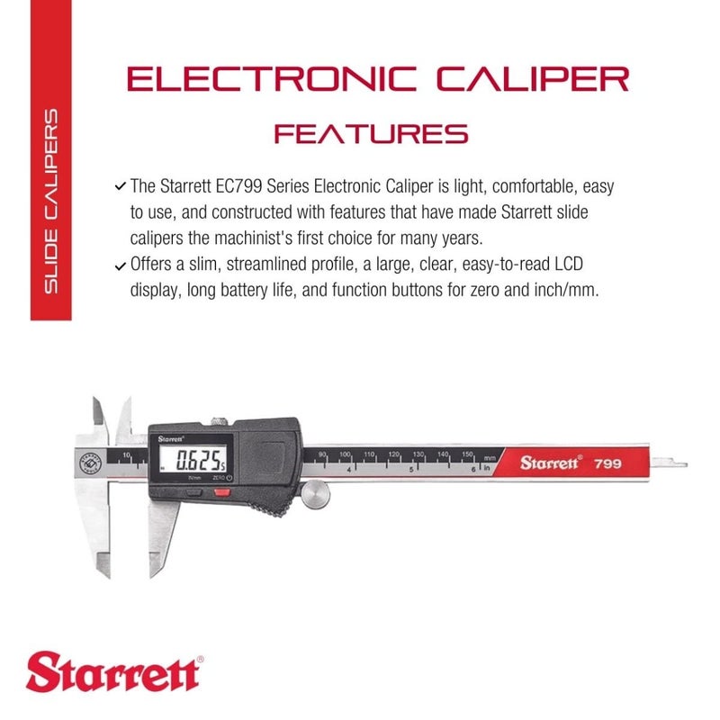 Starrett Starrett Stainless Steel Electronic Slide Caliper  06 Range 0005 Resolution LCD Display Fine Adjustment Thumb Wheel inmm Conversion  EC799A6150  - Image 2