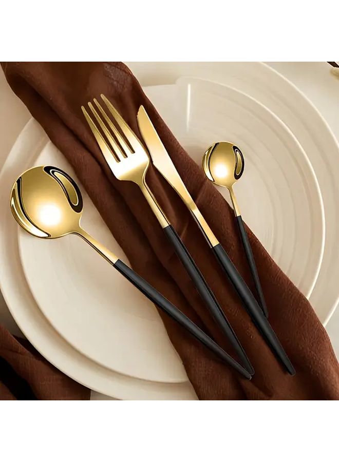 Black Golden 24 Piece Stainless Steel Cutlery Set Durable Rustproof Dinnerware - Image 1