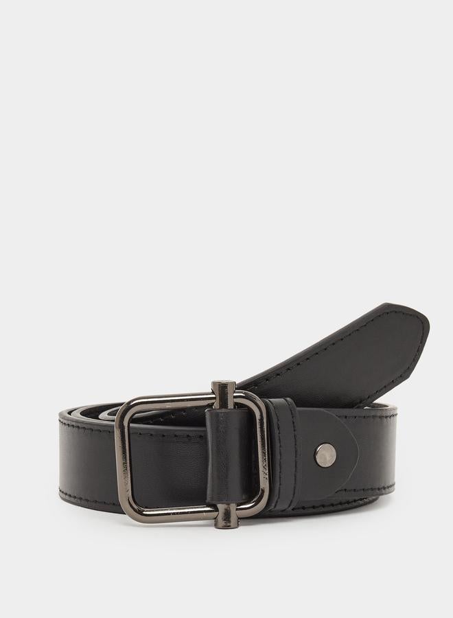 Styli Men Black Solid Waist Belt with Metal Buckle - Image 1