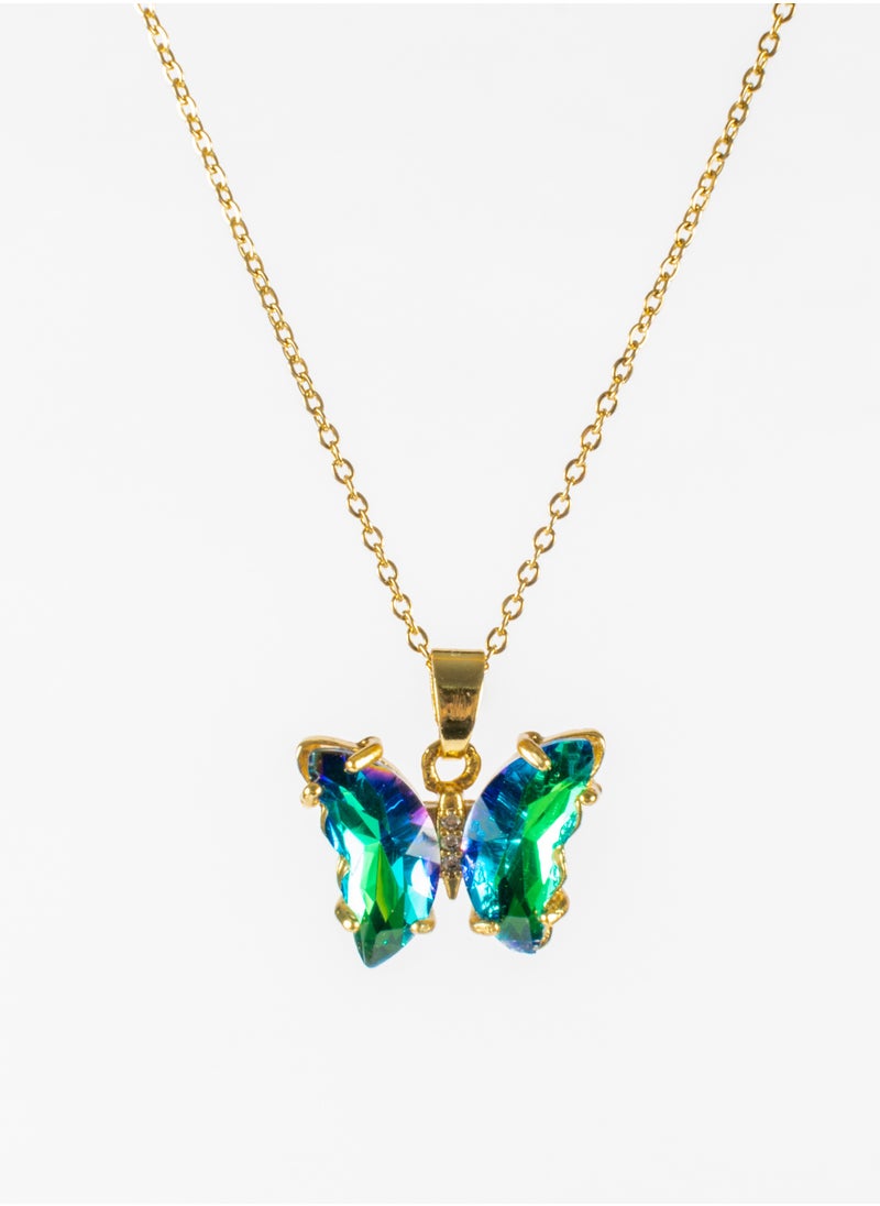 The Black Pearl Accessories - Stainless Steel Necklace Gold with a Purple Green Crystal Butterfly Pendant - Image 1