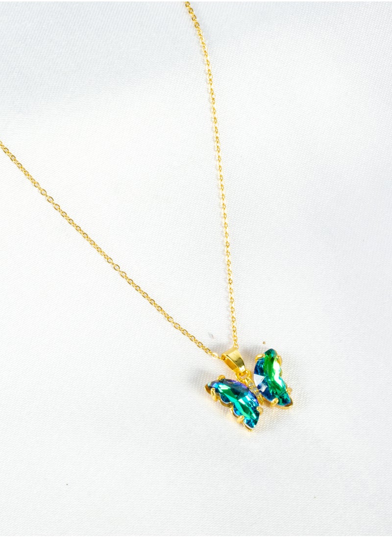 The Black Pearl Accessories - Stainless Steel Necklace Gold with a Purple Green Crystal Butterfly Pendant - Image 1
