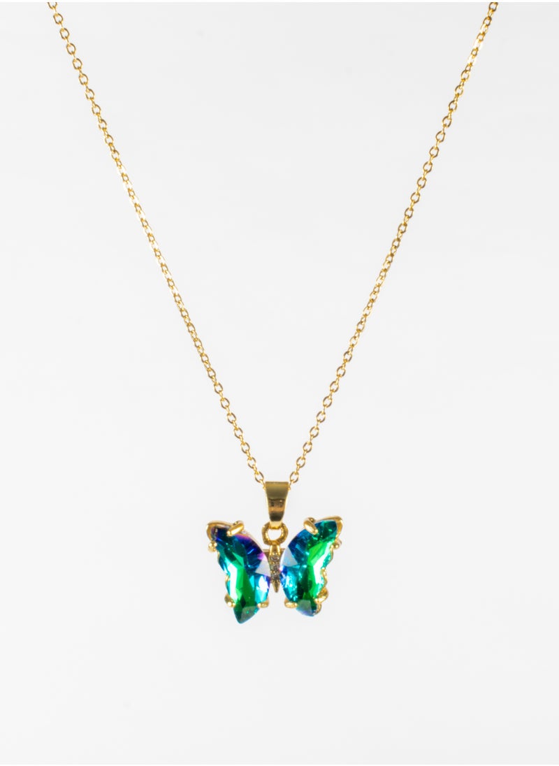The Black Pearl Accessories - Stainless Steel Necklace Gold with a Purple Green Crystal Butterfly Pendant - Image 1