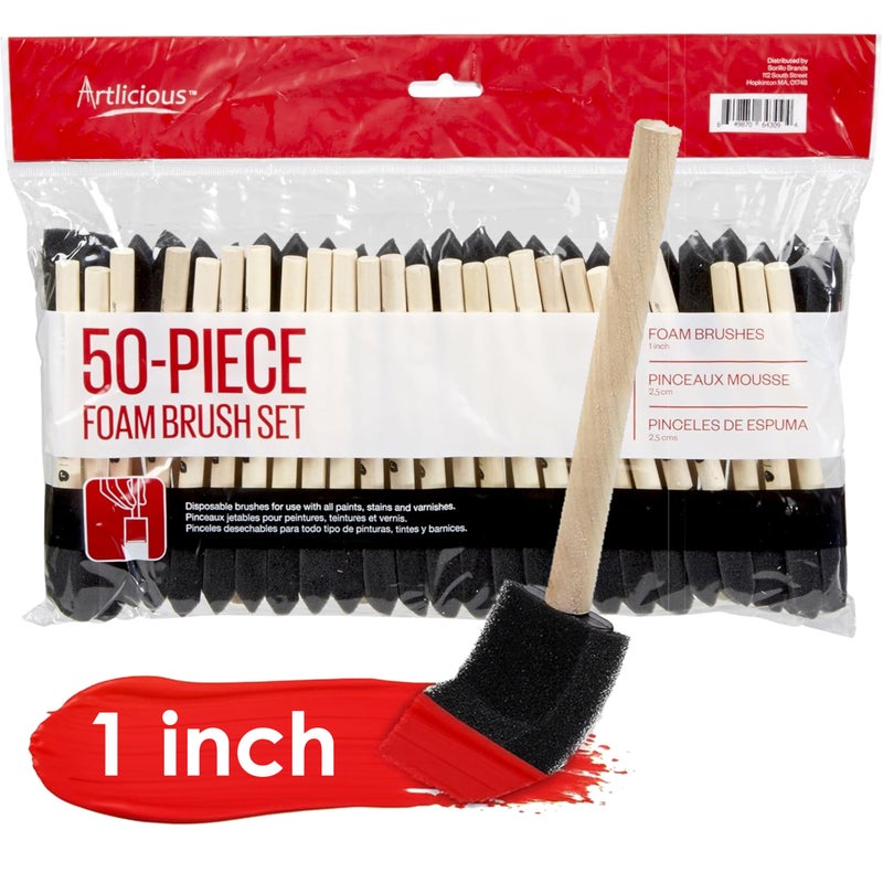 Artlicious Foam Brush Set - Pack of 50 Disposable, 1-inch Sponge Paint Brushes for Acrylic Painting, Staining, Varnishes & DIY Craft Projects - Art Supplies - Image 1