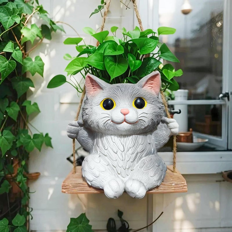 Pyoimmne Cat Hanging Planters for Indoor Outdoor Plants, Small Cute Hanging Pots for Succulent, String of Pearls Plant, Resin Hanging Flower Pots with Drainage Hole, Unique Gift, Garden Home Decor - Image 1