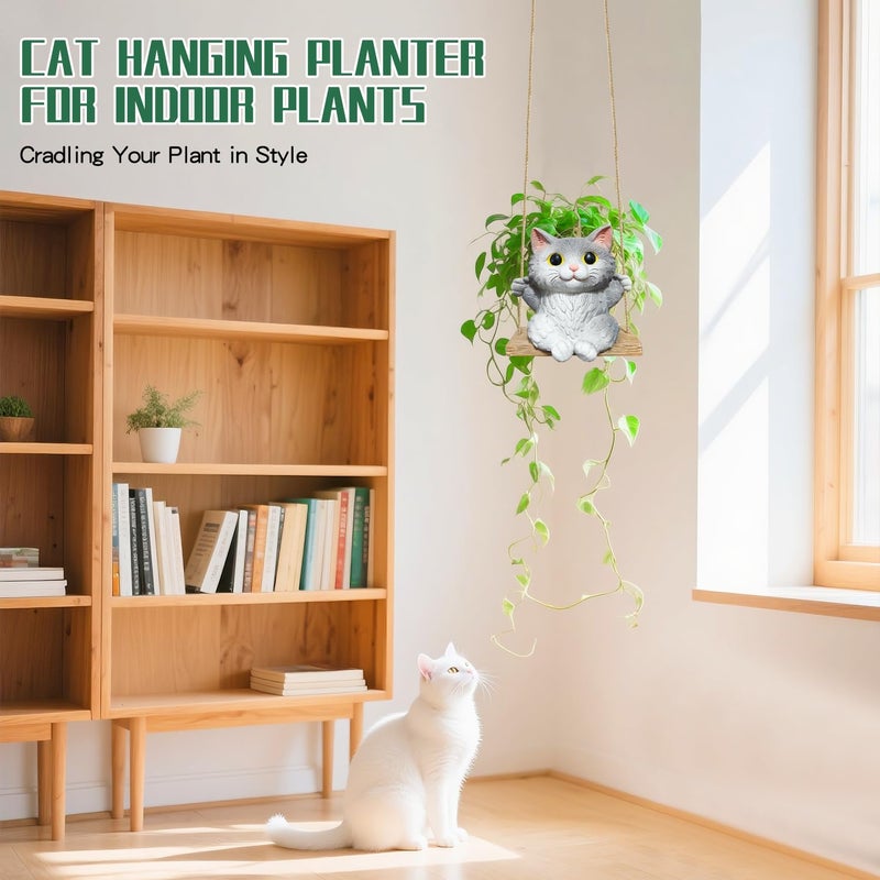 Pyoimmne Cat Hanging Planters for Indoor Outdoor Plants, Small Cute Hanging Pots for Succulent, String of Pearls Plant, Resin Hanging Flower Pots with Drainage Hole, Unique Gift, Garden Home Decor - Image 5