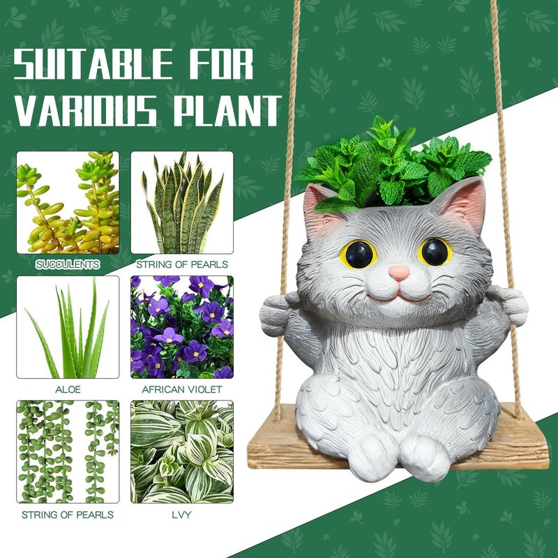 Pyoimmne Cat Hanging Planters for Indoor Outdoor Plants, Small Cute Hanging Pots for Succulent, String of Pearls Plant, Resin Hanging Flower Pots with Drainage Hole, Unique Gift, Garden Home Decor - Image 4