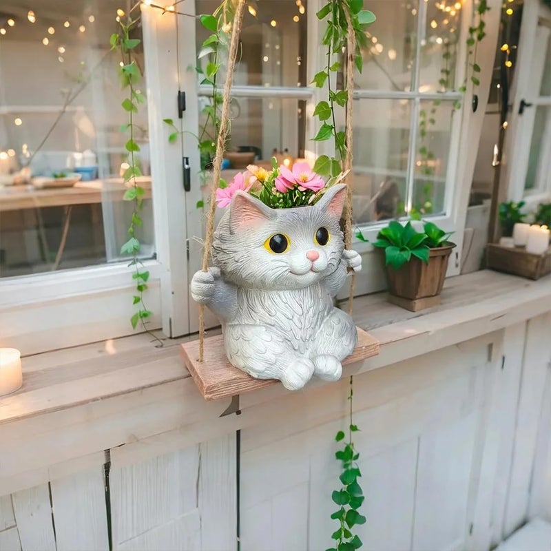 Pyoimmne Cat Hanging Planters for Indoor Outdoor Plants, Small Cute Hanging Pots for Succulent, String of Pearls Plant, Resin Hanging Flower Pots with Drainage Hole, Unique Gift, Garden Home Decor - Image 2