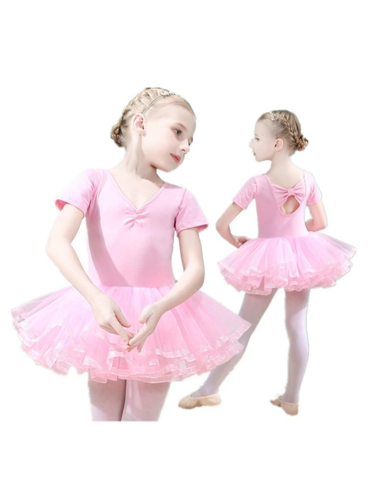 Girls Ballet Dress Tutu Slim Dance Leotards Dress Short Sleeve Dress (6-7 Years Old) - Image 1
