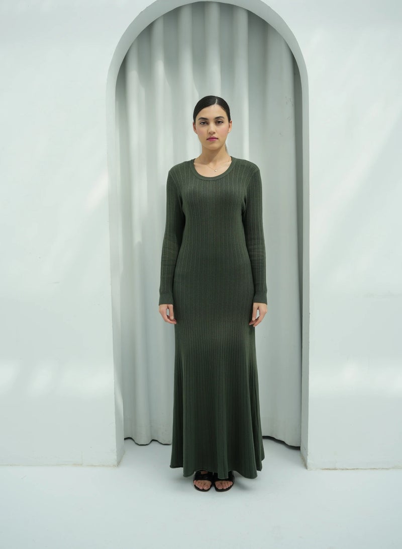 Andy 2329 | Women's Premium Ribbed Knit Maxi Dress – Long-Sleeve Bodycon Design with Scoop Neckline | Elegant and Comfortable Full-Length Outfit for Everyday Wear and Special Occasions | Army Green - Image 1