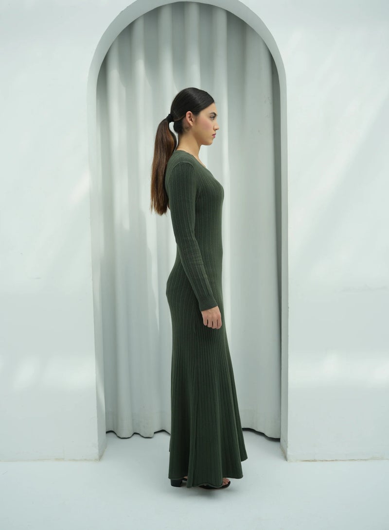 Andy 2329 | Women's Premium Ribbed Knit Maxi Dress – Long-Sleeve Bodycon Design with Scoop Neckline | Elegant and Comfortable Full-Length Outfit for Everyday Wear and Special Occasions | Army Green - Image 4