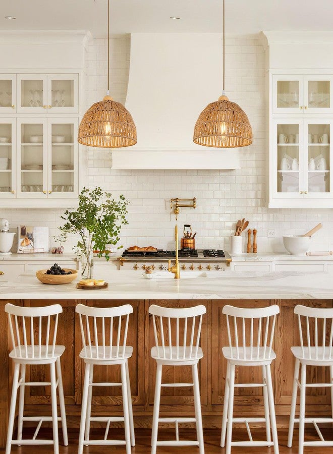 OCWHT Boho Pendant Light Fixture Kitchen Chandelier Rattan Hanging Light Flush Mount Ceiling Light Boho Lamp Shade Wooden Base Bohemian Chandeliers for Hallway Bedroom Chandelier Dinning Light Fixture - Image 2