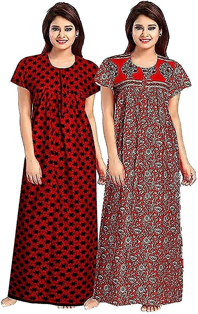 YUKATA Women's Cotton Printed Ankle Length Nighty - Free Size (Pack of 2) (Free Size, RED&Maroon) - Image 1