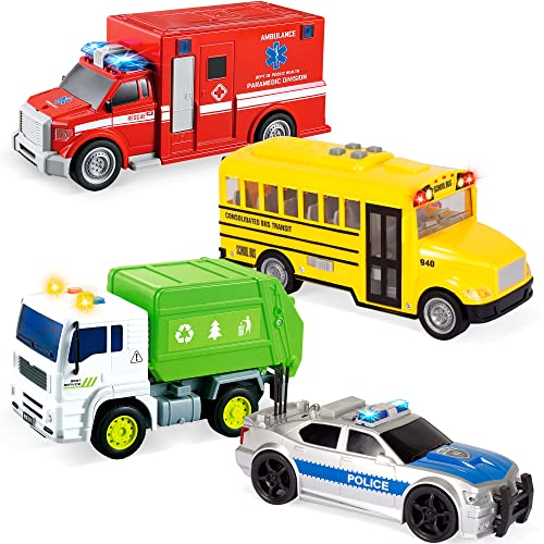 JOYIN 4 Pcs 7 Long Vehicle Toy Set Toddlers Cars with Lights and Siren Sound Including Play Police Car School Bus Garbage Truck Ambulance Birthday Party Gifts Toys for Boys 35 - Image 1