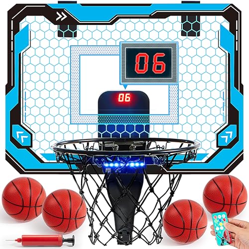 SYNCFUN Mini Basketball Hoop Over The Door LED Indoor Basketball Hoop for Kids with Scoreboard 4 Balls Basket Ball Game Toys Gifts for Boys Ages 3 and UPBlue - Image 1